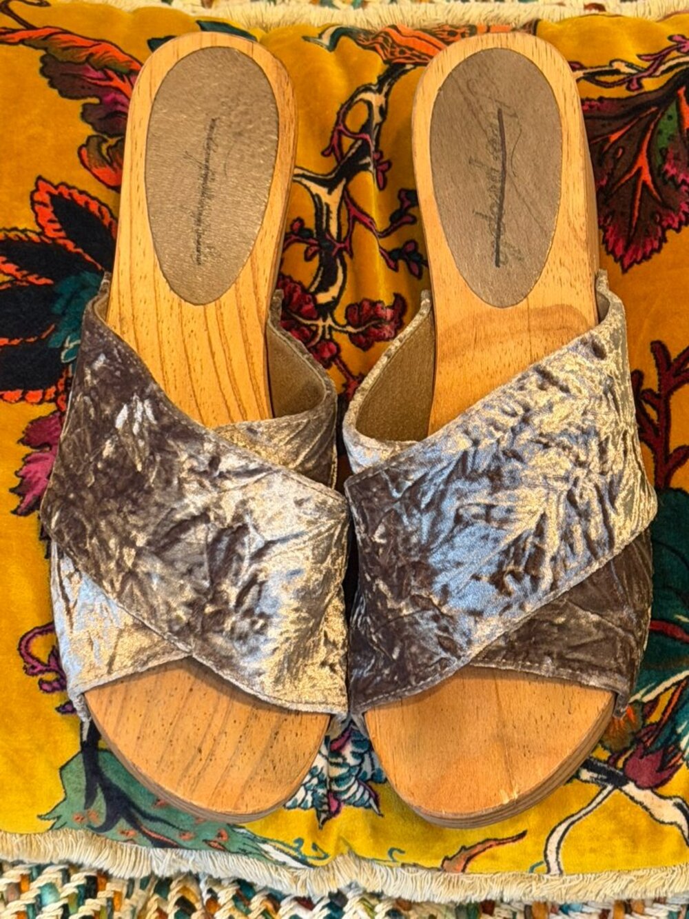 Free People Velvet Dreams Wooden Sandals | Taupe Crushed Velvet Platform Clogs 8